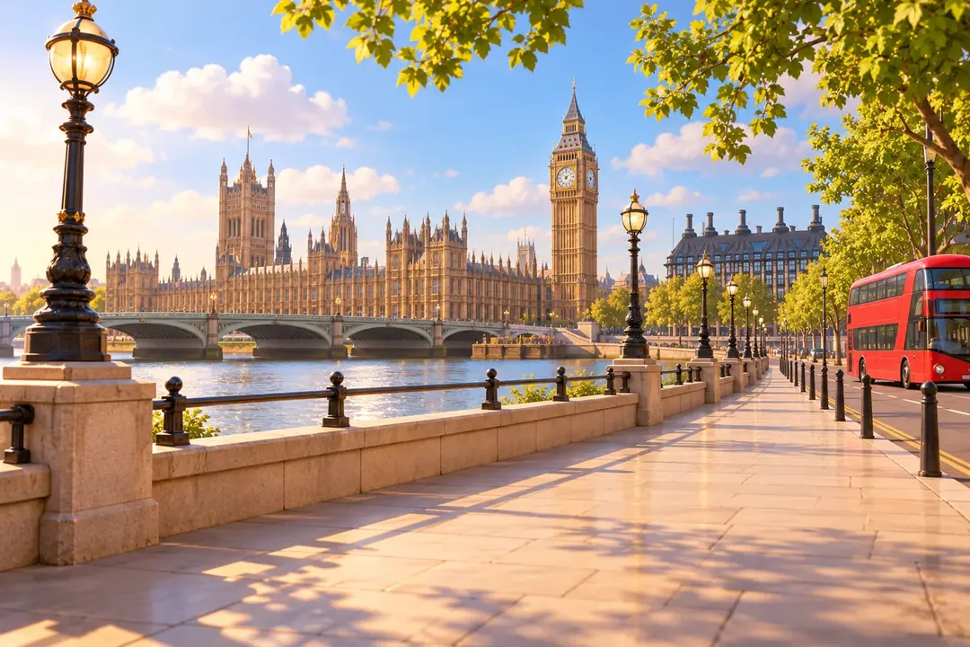 Student arriving in London, UK (illustration)